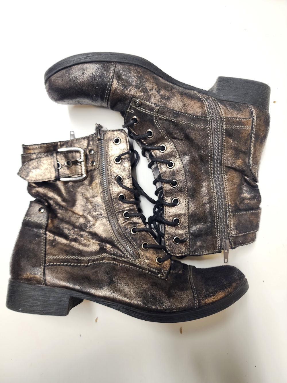 G by Guess "Captain" Metallic Bronze Lace-Up Combat Boots